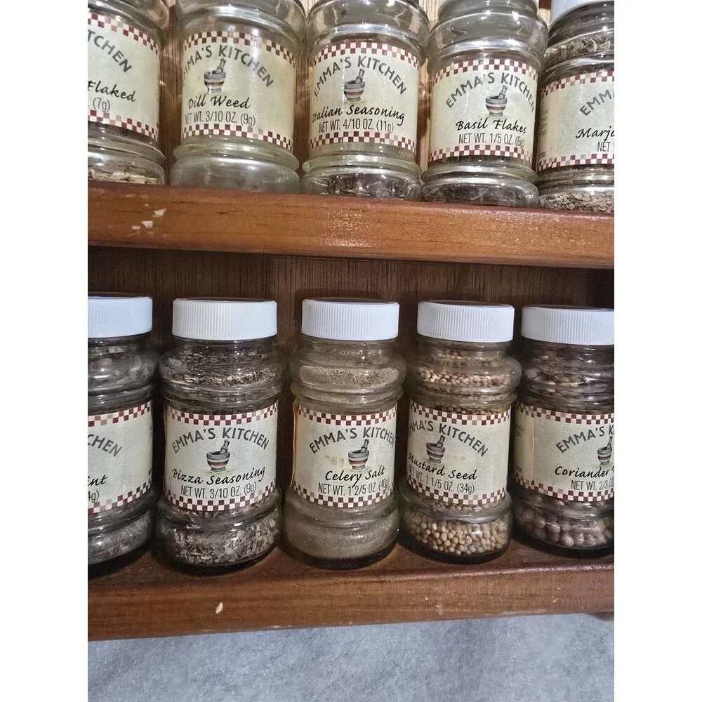 Vintage Emma's Kitchen Wooden Spice Rack 2 Tier Wall Mount 10 Glass Jars MCM